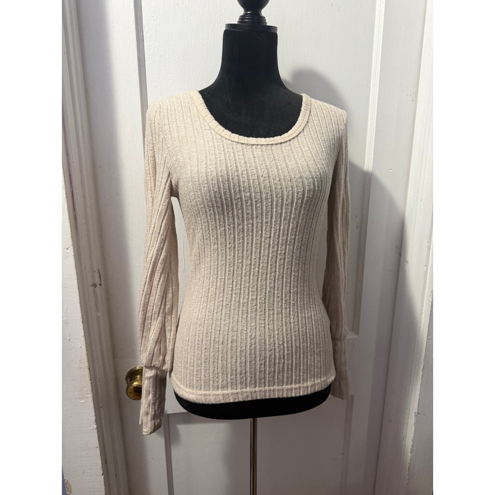 SHEIN Beige Ribbed Long Sleeve Top Scoop Neck Knit Shirt Medium Oatmeal